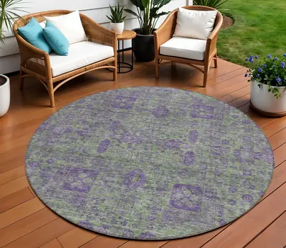 8' Fern Green And Purple Round Oriental Washable Indoor Outdoor Area Rug
