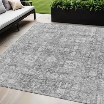 5' X 8' Gray Silver And Charcoal Oriental Washable Indoor Outdoor Area Rug