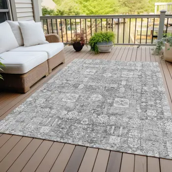 5' X 8' Gray Silver And Charcoal Oriental Washable Indoor Outdoor Area Rug