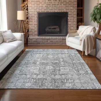 5' X 8' Gray Silver And Charcoal Oriental Washable Indoor Outdoor Area Rug