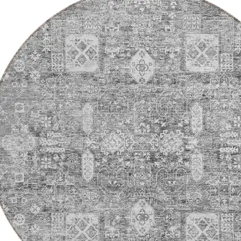 8' Gray Silver And Charcoal Round Oriental Washable Indoor Outdoor Area Rug