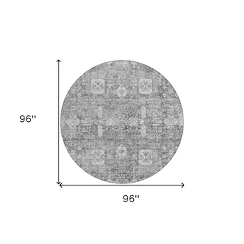8' Gray Silver And Charcoal Round Oriental Washable Indoor Outdoor Area Rug