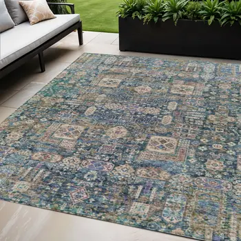 5' X 8' Green Navy Blue And Ivory Oriental Washable Indoor Outdoor Area Rug