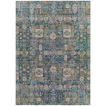 5' X 8' Green Navy Blue And Ivory Oriental Washable Indoor Outdoor Area Rug