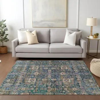 5' X 8' Green Navy Blue And Ivory Oriental Washable Indoor Outdoor Area Rug