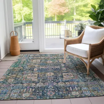 5' X 8' Green Navy Blue And Ivory Oriental Washable Indoor Outdoor Area Rug