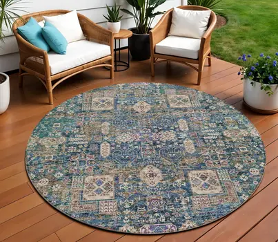 8' Green Navy Blue And Ivory Round Oriental Washable Indoor Outdoor Area Rug