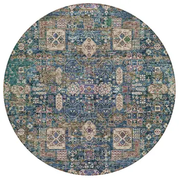 8' Green Navy Blue And Ivory Round Oriental Washable Indoor Outdoor Area Rug