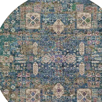8' Green Navy Blue And Ivory Round Oriental Washable Indoor Outdoor Area Rug