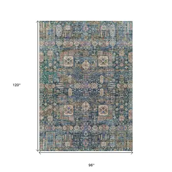 8' X 10' Green Navy Blue And Ivory Oriental Washable Indoor Outdoor Area Rug