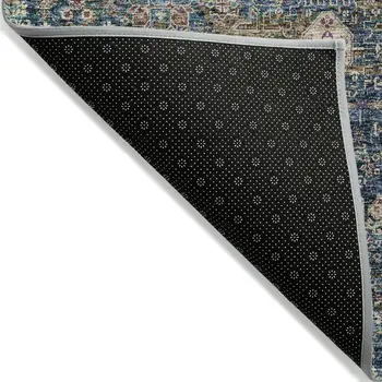 8' X 10' Green Navy Blue And Ivory Oriental Washable Indoor Outdoor Area Rug