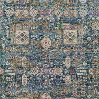 8' X 10' Green Navy Blue And Ivory Oriental Washable Indoor Outdoor Area Rug