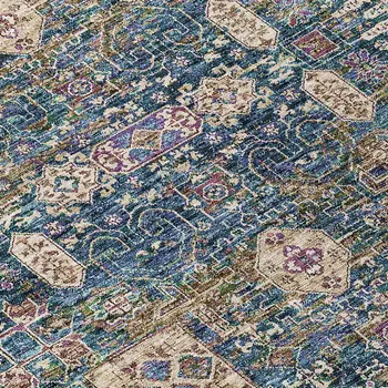 8' X 10' Green Navy Blue And Ivory Oriental Washable Indoor Outdoor Area Rug