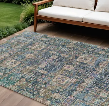 10' X 14' Green Navy Blue And Ivory Oriental Washable Indoor Outdoor Area Rug