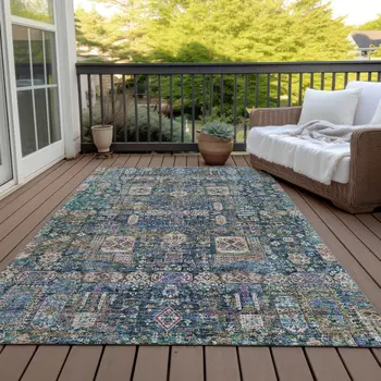 10' X 14' Green Navy Blue And Ivory Oriental Washable Indoor Outdoor Area Rug