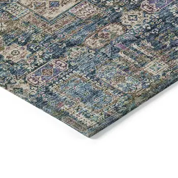 10' X 14' Green Navy Blue And Ivory Oriental Washable Indoor Outdoor Area Rug