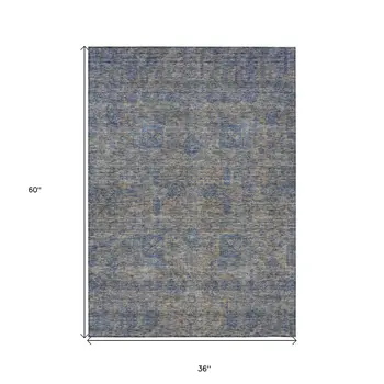 3' X 5' Khaki And Denim Blue Oriental Washable Indoor Outdoor Area Rug