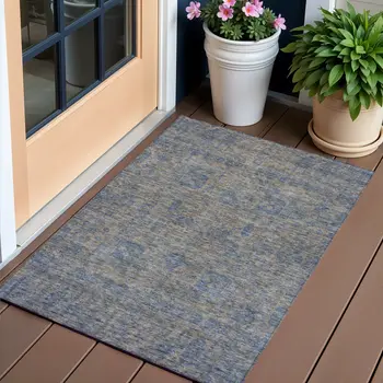 3' X 5' Khaki And Denim Blue Oriental Washable Indoor Outdoor Area Rug