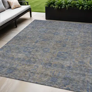 5' X 8' Khaki And Denim Blue Oriental Washable Indoor Outdoor Area Rug