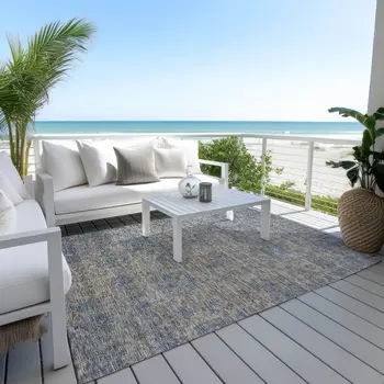 5' X 8' Khaki And Denim Blue Oriental Washable Indoor Outdoor Area Rug