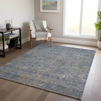 5' X 8' Khaki And Denim Blue Oriental Washable Indoor Outdoor Area Rug