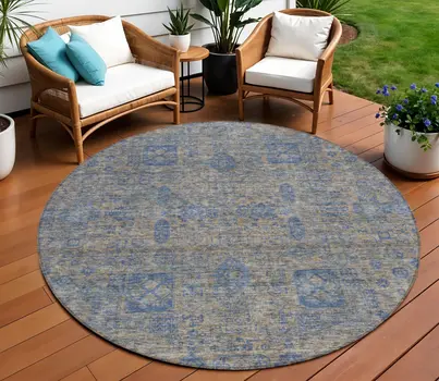 8' Khaki And Denim Blue Round Oriental Washable Indoor Outdoor Area Rug