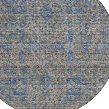 8' Khaki And Denim Blue Round Oriental Washable Indoor Outdoor Area Rug