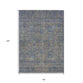 8' X 10' Khaki And Denim Blue Oriental Washable Indoor Outdoor Area Rug
