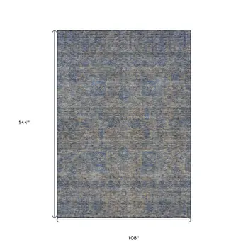 9' X 12' Khaki And Denim Blue Oriental Washable Indoor Outdoor Area Rug
