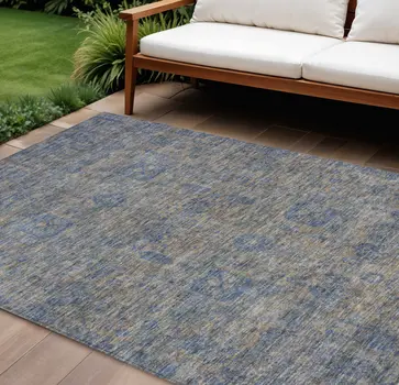 9' X 12' Khaki And Denim Blue Oriental Washable Indoor Outdoor Area Rug