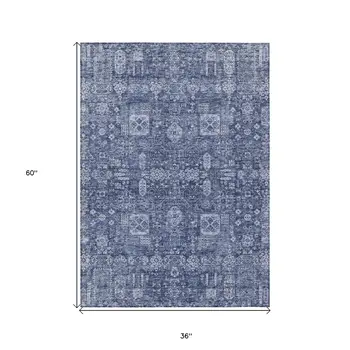 3' X 5' Navy Blue And Sky Blue Oriental Washable Indoor Outdoor Area Rug