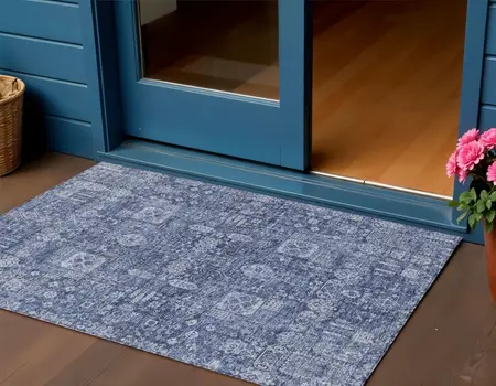 3' X 5' Navy Blue And Sky Blue Oriental Washable Indoor Outdoor Area Rug