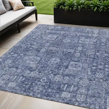 5' X 8' Navy Blue And Sky Blue Oriental Washable Indoor Outdoor Area Rug