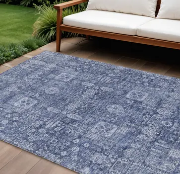 8' X 10' Navy Blue And Sky Blue Oriental Washable Indoor Outdoor Area Rug