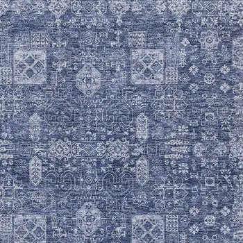 9' X 12' Navy Blue And Sky Blue Oriental Washable Indoor Outdoor Area Rug