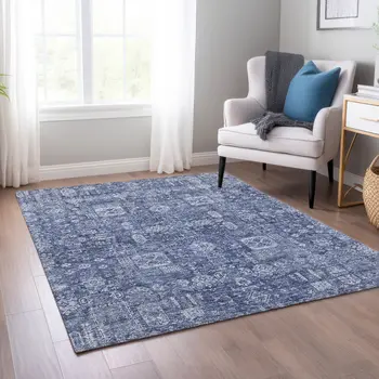 10' X 14' Navy Blue And Sky Blue Oriental Washable Indoor Outdoor Area Rug