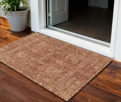 3' X 5' Orange Copper And Terra Cotta Oriental Washable Indoor Outdoor Area Rug