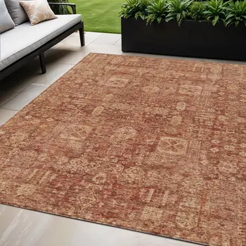 5' X 8' Orange Copper And Terra Cotta Oriental Washable Indoor Outdoor Area Rug