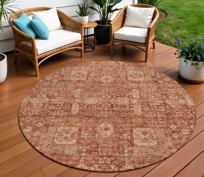 8' Orange Copper And Terra Cotta Round Oriental Washable Indoor Outdoor Area Rug