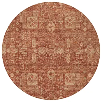 8' Orange Copper And Terra Cotta Round Oriental Washable Indoor Outdoor Area Rug