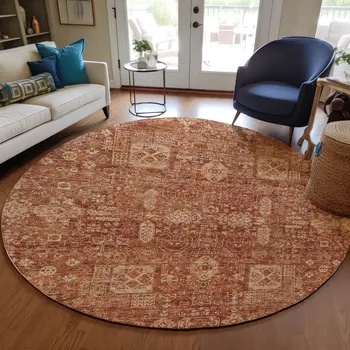 8' Orange Copper And Terra Cotta Round Oriental Washable Indoor Outdoor Area Rug