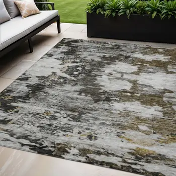 5' X 8' Taupe Brown And Gold Abstract Washable Indoor Outdoor Area Rug