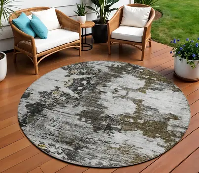 8' Taupe Brown And Gold Round Abstract Washable Indoor Outdoor Area Rug
