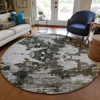 8' Taupe Brown And Gold Round Abstract Washable Indoor Outdoor Area Rug