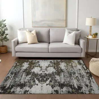 8' X 10' Taupe Brown And Gold Abstract Washable Indoor Outdoor Area Rug