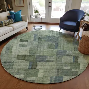 8' Green And Mint Green Round Geometric Washable Indoor Outdoor Area Rug