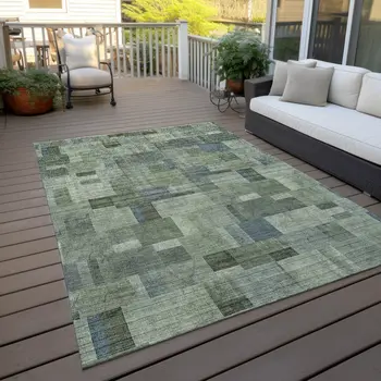 9' X 12' Green And Mint Green Geometric Washable Indoor Outdoor Area Rug