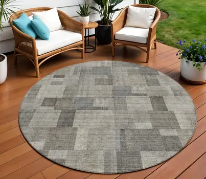 8' Taupe Beige And Gray Round Geometric Washable Indoor Outdoor Area Rug