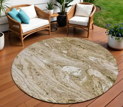 8' Brown Tan And Beige Round Abstract Washable Indoor Outdoor Area Rug