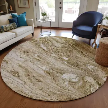 8' Brown Tan And Beige Round Abstract Washable Indoor Outdoor Area Rug